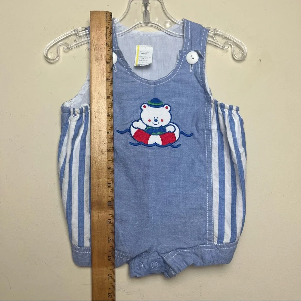 Vintage Shortalls‎ Bear Raft Swimming Embroidered Romper Outfit Size 3-6 months